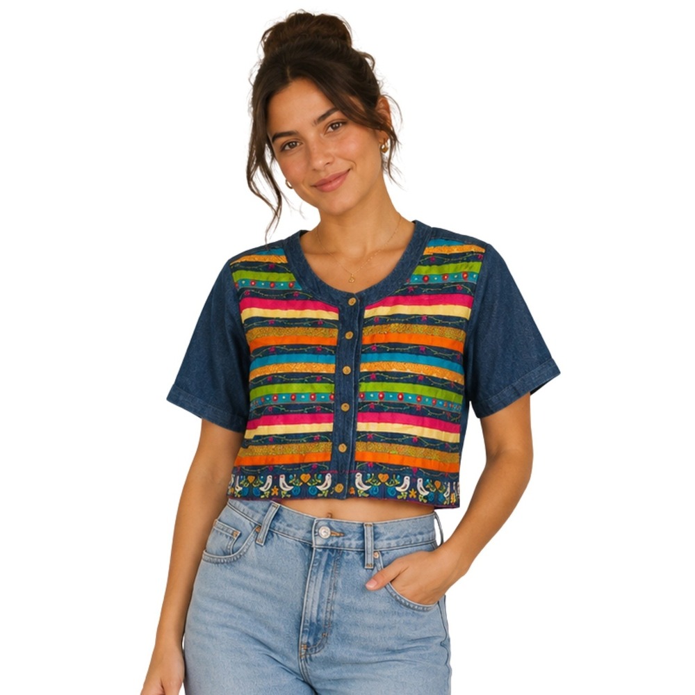 Vintage Country Wear Denim Crop Top Embroidery Bird Ribbon Patchwork M Boho